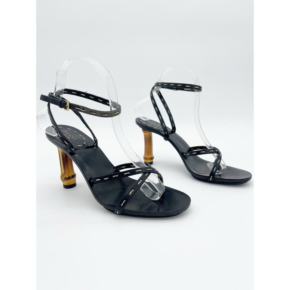 Gucci S/S 2002 Tom Ford Black Bamboo Heel Lace Up Wrap Sandal Heels US 7.5 - Picture 6 of 16
